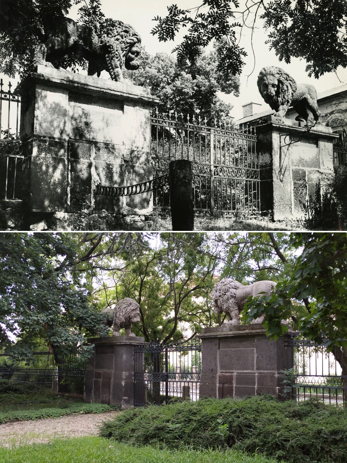 A gyöngyösi Orczy-kastély és kert kapuja 1951-ben és napjainkban (Fotó: VÁTI / Lechner Tudásközpont; Tábi Emőke / Lechner Tudásközpont)
