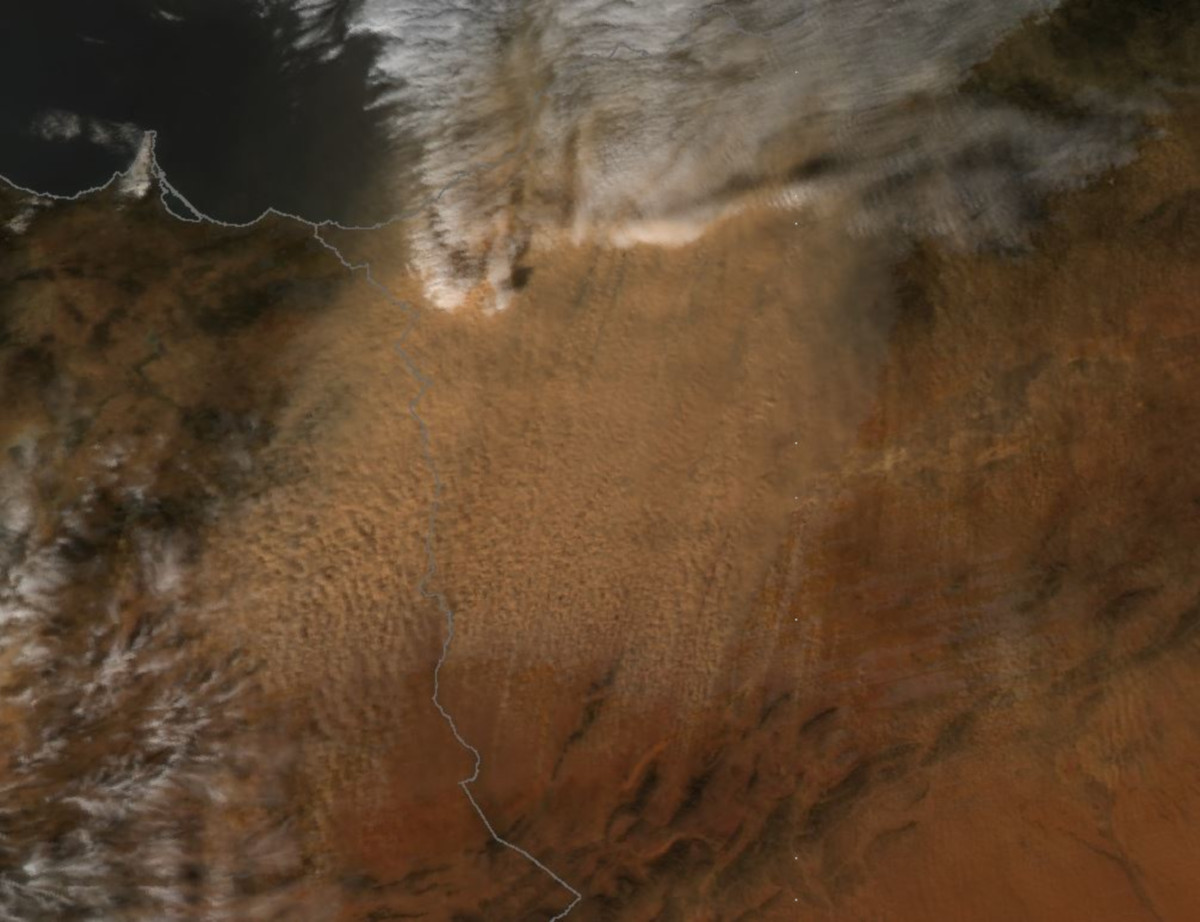 Innen indult a homok. Homokvihar Marokkó és Algéria határvidékén. MODIS Terra űrfelvétel valósszínes megjelenítésben, 2021. február 5.