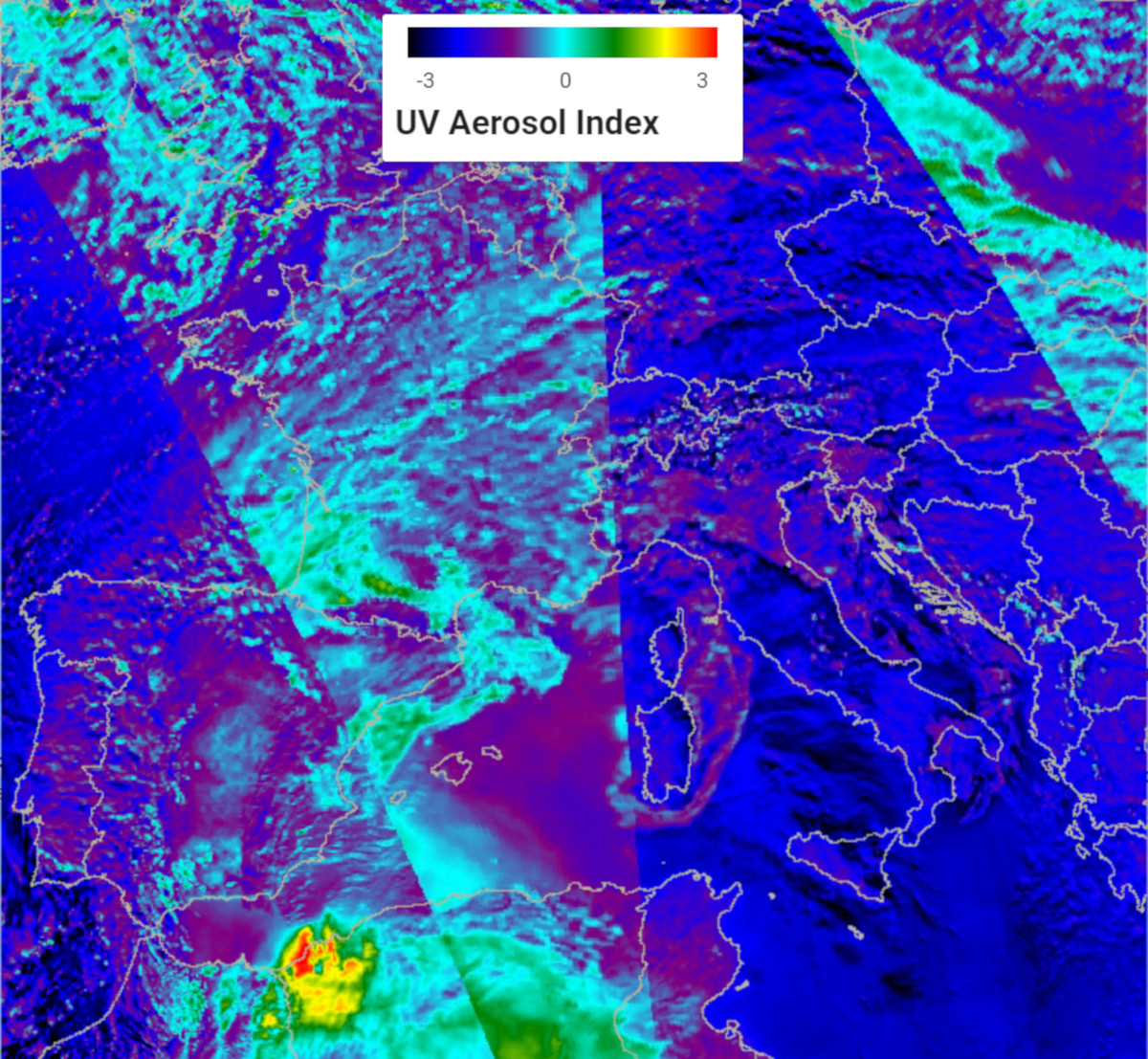 2021. február 5-i Sentinel–5P űrfelvétel. A felvételen színskálával ábrázoltuk az UV Aerosol Index értékeit, melyből következtethetünk a légköri porkoncentrációra, a sárgás-pirosas színek extrém magas értékeket jeleznek. A homokfelhő megindult északra, Nyugat-Európa felé.