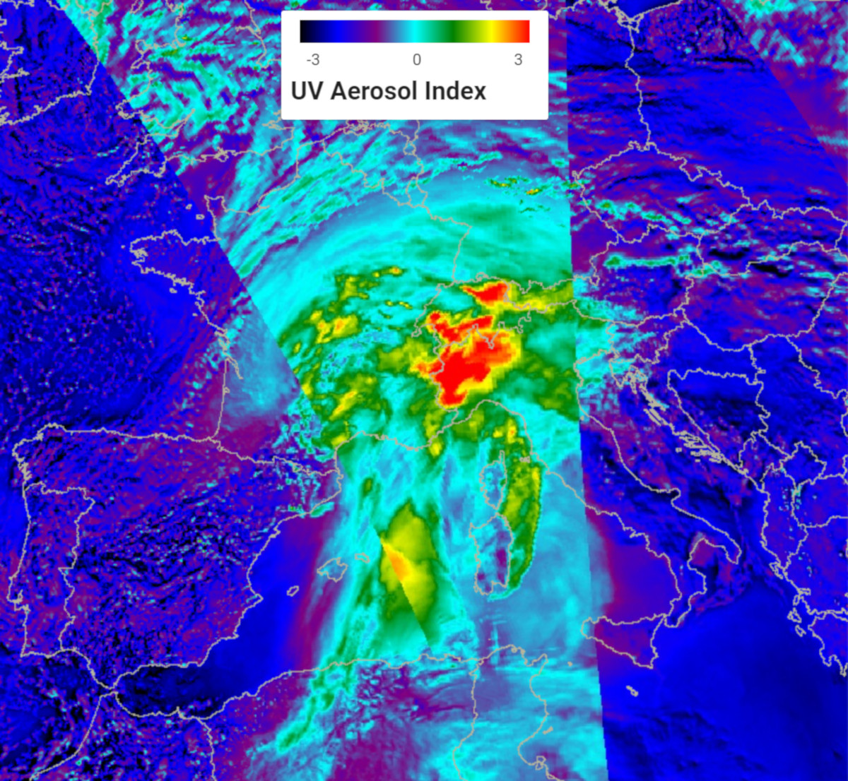 2021. február 6-i Sentinel–5P űrfelvétel. A felvételen színskálával ábrázoltuk az UV Aerosol Index értékeit, melyből következtethetünk a légköri porkoncentrációra, a sárgás-pirosas színek extrém magas értékeket jeleznek. A homok java része már az Alpok felett van.