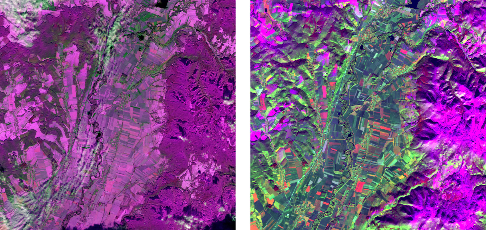 A Hernád völgye a 2020. november 30-i Sentinel–2B (bal oldali kép) és a 2020. december 2-i Sentinel–2A (jobboldali kép) hamis színes űrfelvételeken