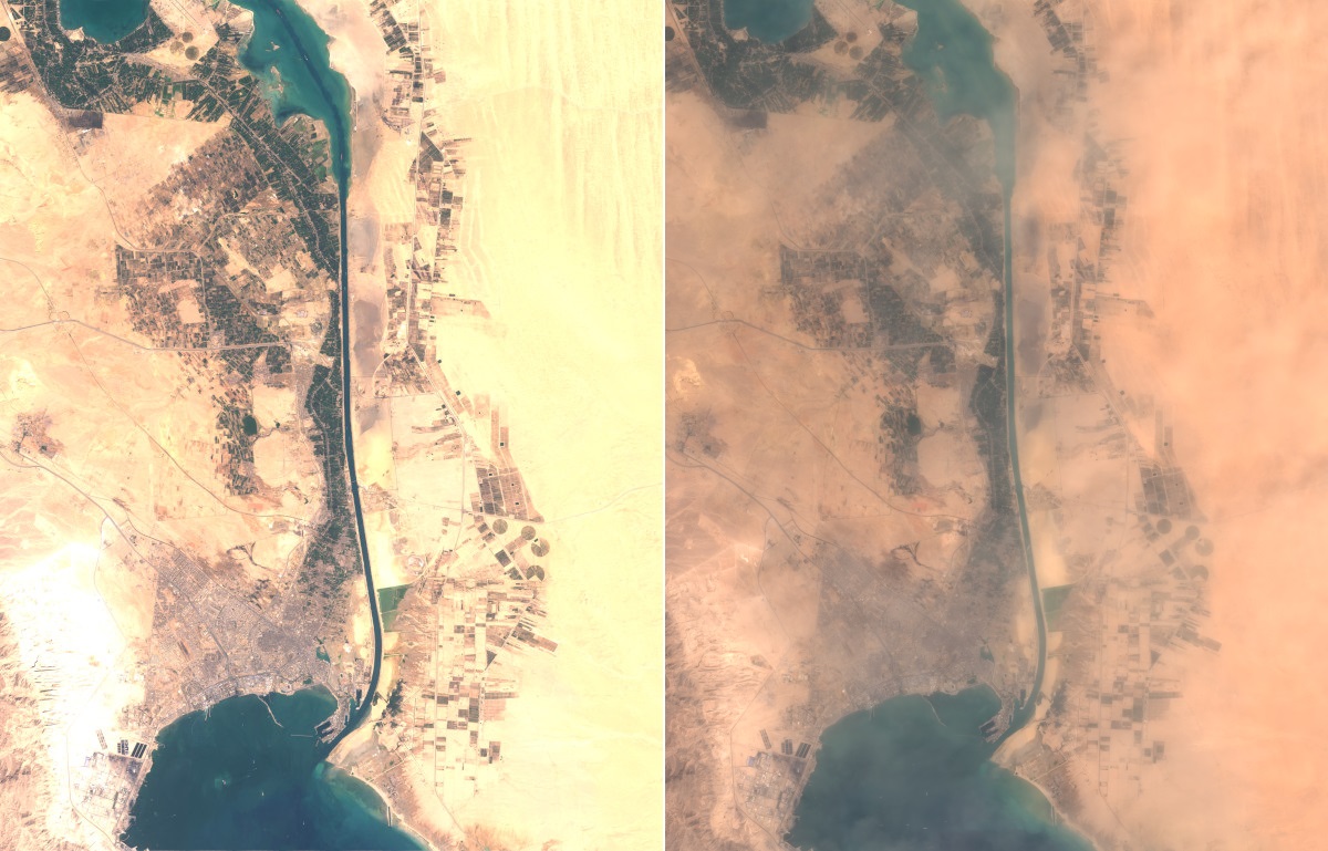 A Szuezi-csatorna térsége 2021.03.19-én Sentinel–2A és 2021.03.24-én Sentinel–2B felvételeken