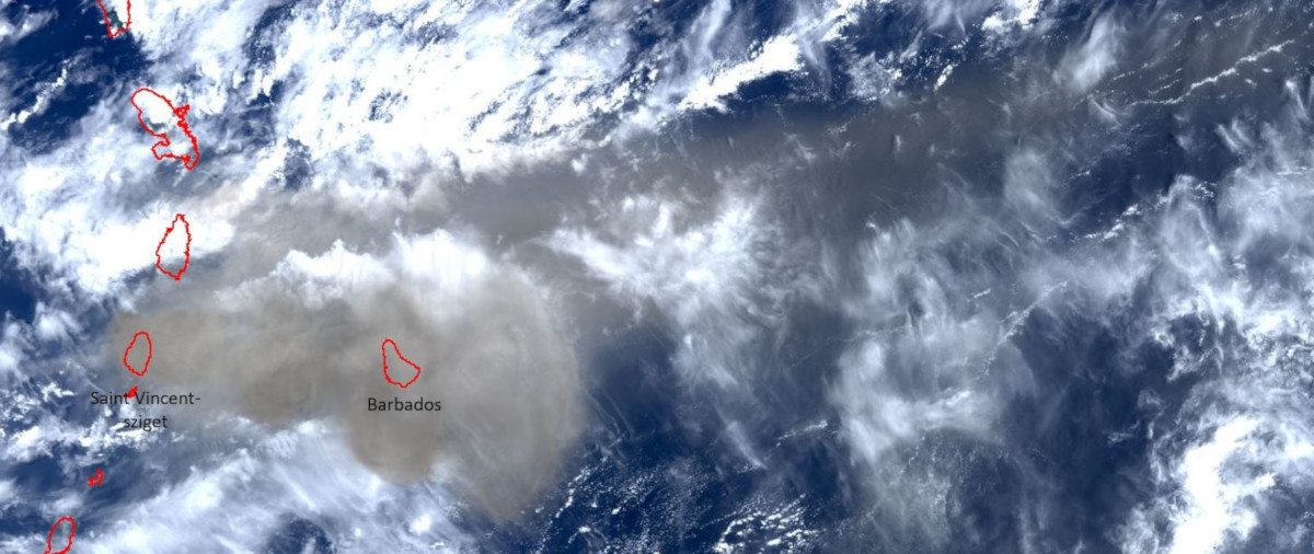 A vulkáni hamufelhő terjedése a 2021. április 10-i Sentinel–3 űrfelvétel alapján