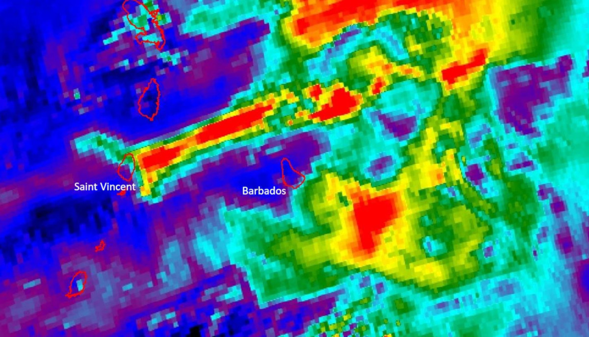 A légkörbe jutott nagy mennyiségű por a Sentinel–5P 2021. április 9-i űrfelvételén. Az ábrázolt Absorbing Aerosol Index értékei a légköri porkoncentrációt mutatják, a sárgából pirosba forduló színek a por növekvő mennyiségével arányosak.